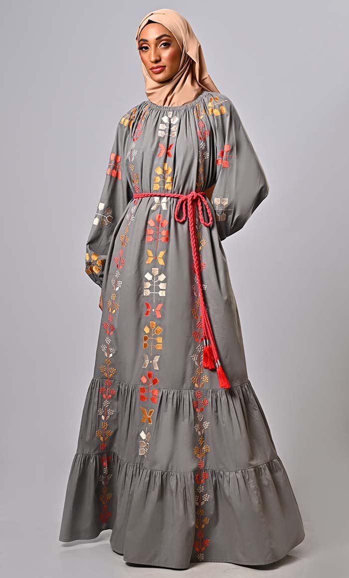 Burma Inspired Bohemian Machine-Embroidered Heavy Abaya with braided belt - EastEssence.com