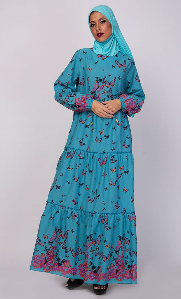 Butterfly Print Multitiered Flared Abaya Dress - EastEssence.com