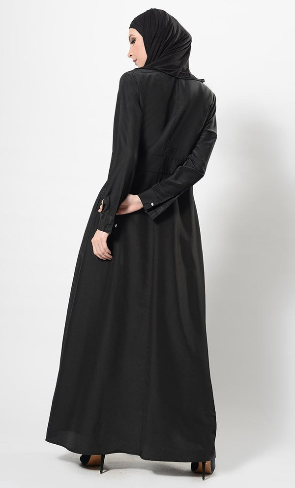 Button Down Baisc Abaya Dress And Hijab Set - EastEssence.com