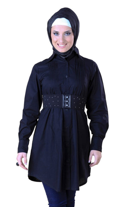 Button Down Knotted Belt Shirt Style Short Tunic - EastEssence.com