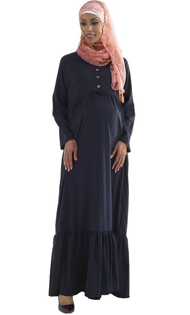 Button Down Ruffled Drop Waist Hem Maternity Abaya Dress - EastEssence.com