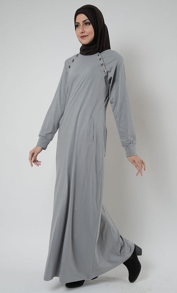 Buttoned shoulders detail basic everyday wear abaya dress - EastEssence.com