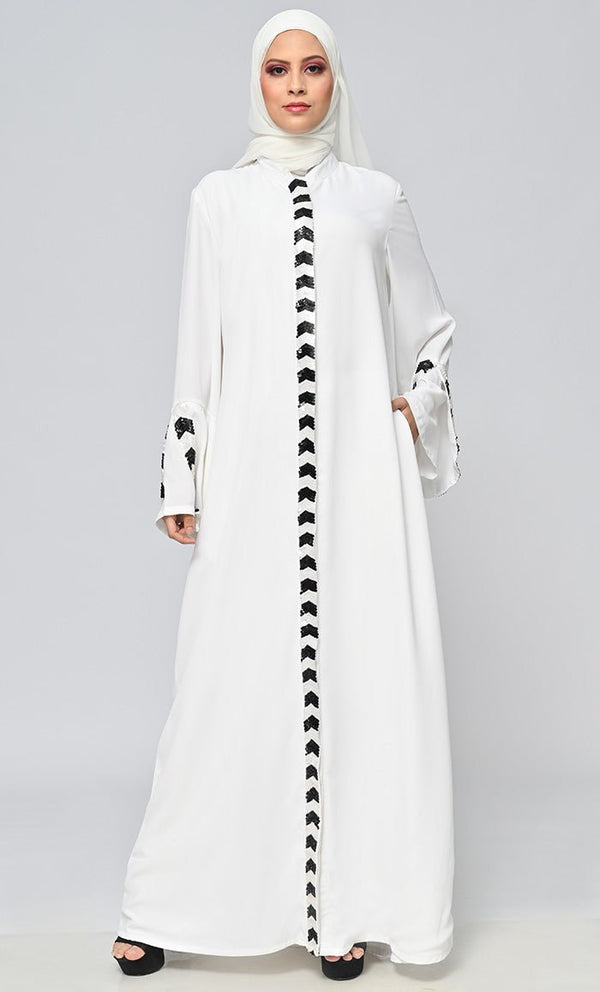 White Islamic Sequins Detailing Abaya