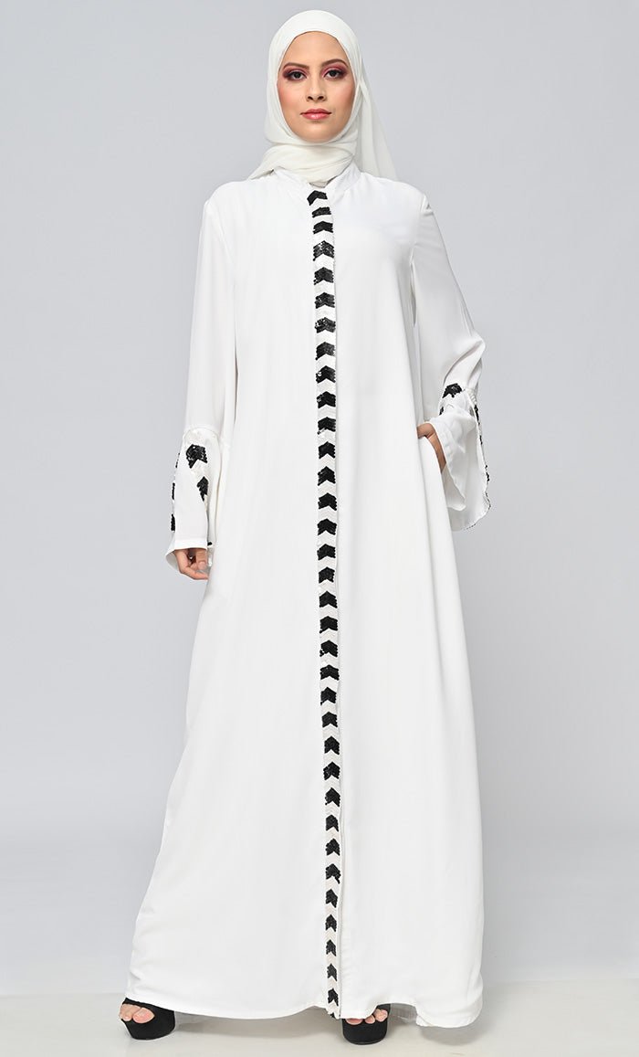 White Islamic Sequins Detailing Abaya