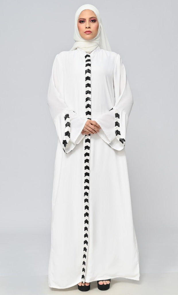 White Islamic Sequins Detailing Abaya
