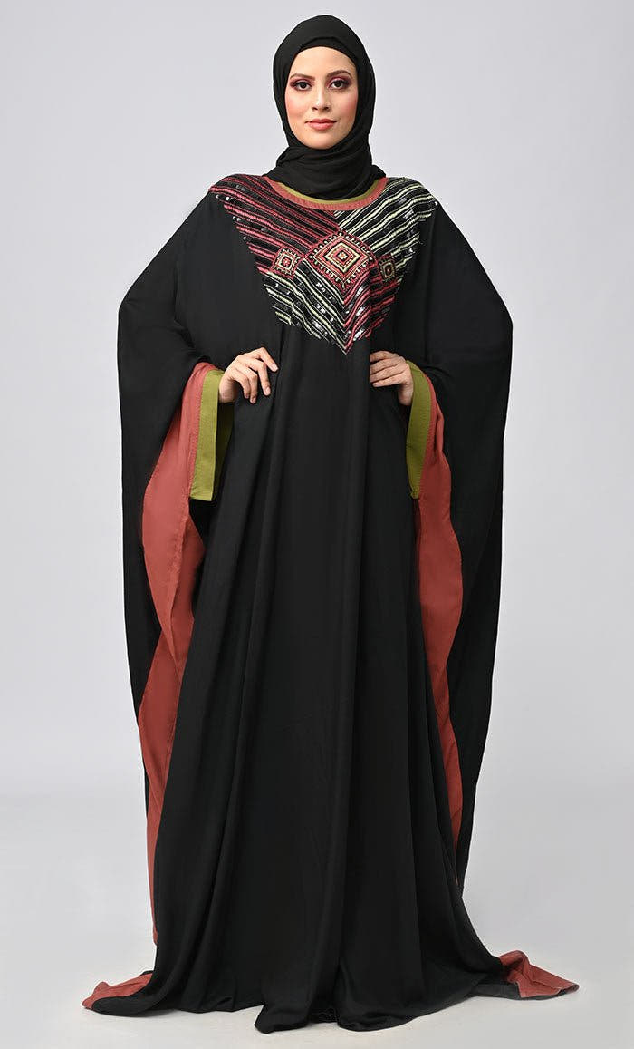 Black Islamic Sequins Detail Kaftan Style Abaya