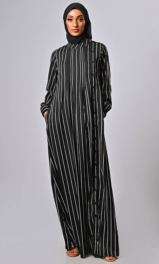Buy Italian Stripe Printed Button Down Abaya With Pockets - EastEssence.com