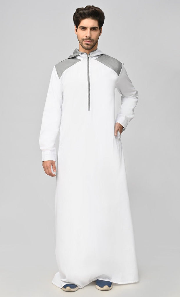 Buy Mens Grey Contrasted Thobe/Jubba With Pockets And Hood - EastEssence.com