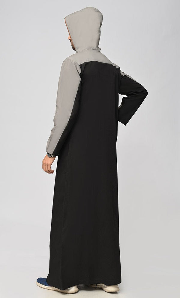 Buy Mens Islamic Grey Contrasted Thobe/Jubba With Pockets And Hood - EastEssence.com