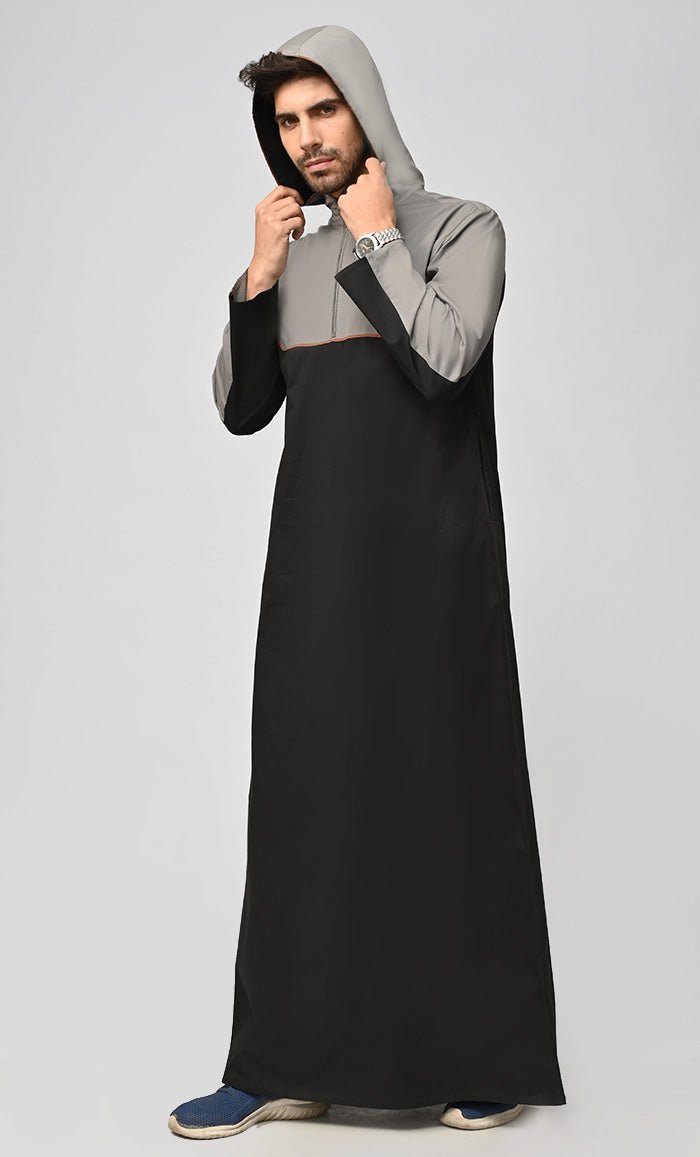 Buy Mens Islamic Grey Contrasted Thobe/Jubba With Pockets And Hood - EastEssence.com