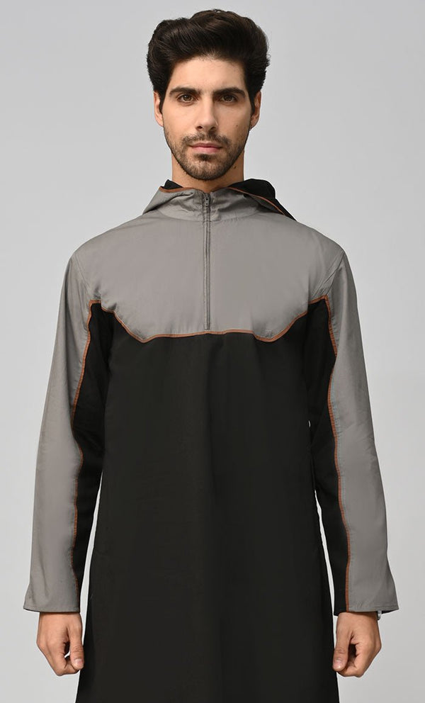 Buy Mens Islamic Grey Contrasted Thobe/Jubba With Pockets And Hood - EastEssence.com