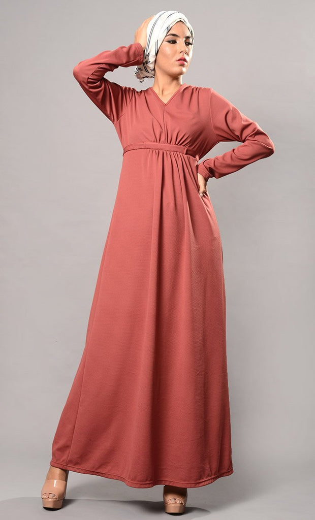 Casual Knotted Tie Up Belt And Pleated Flared Abaya Dress - EastEssence.com