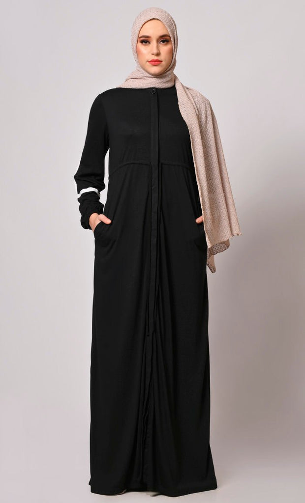 Classic Black Abaya with Front Button Closure and Pockets - EastEssence.com