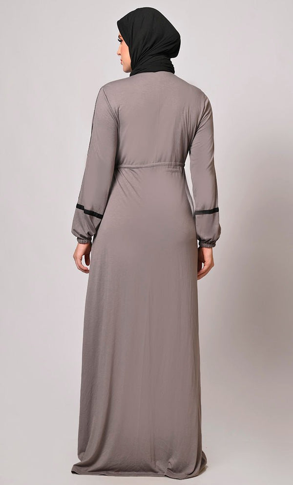Classic Grey Abaya with Front Button Closure and Pockets - EastEssence.com