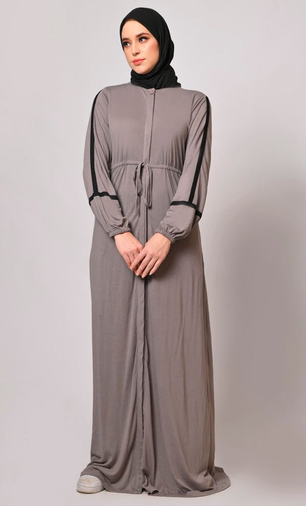 Classic Grey Abaya with Front Button Closure and Pockets - EastEssence.com