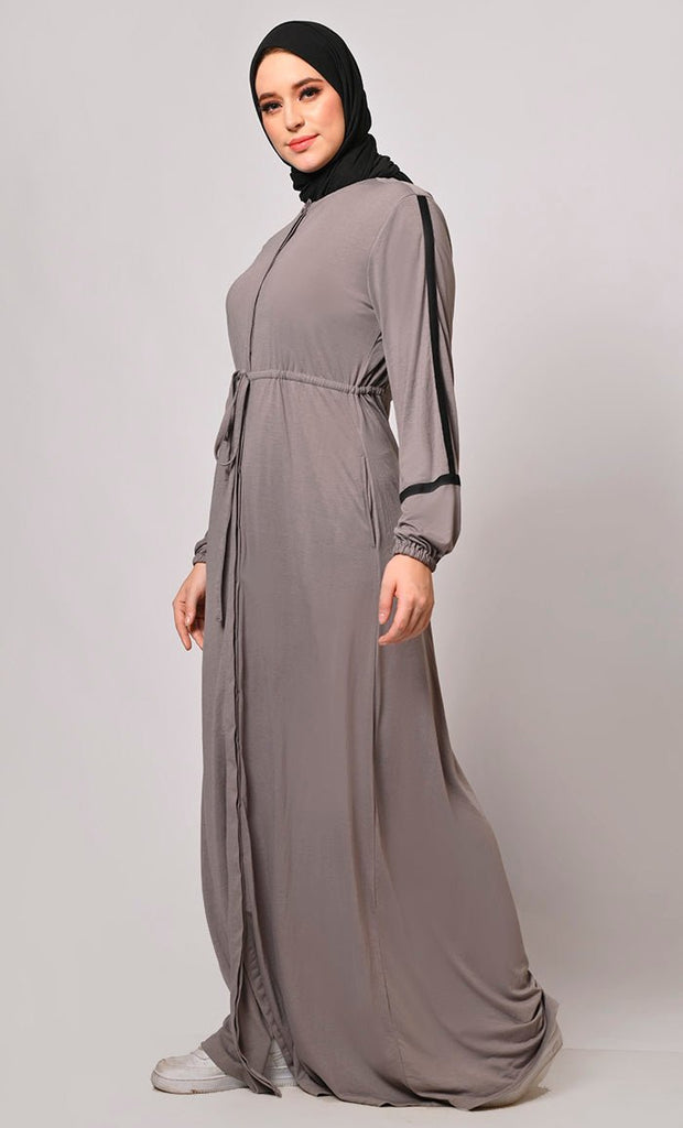 Classic Grey Abaya with Front Button Closure and Pockets - EastEssence.com