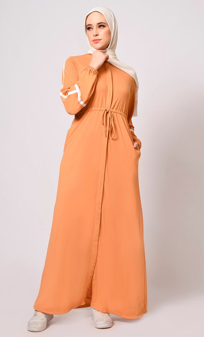 Classic Honey Sand Abaya with Front Button Closure and Pockets - EastEssence.com