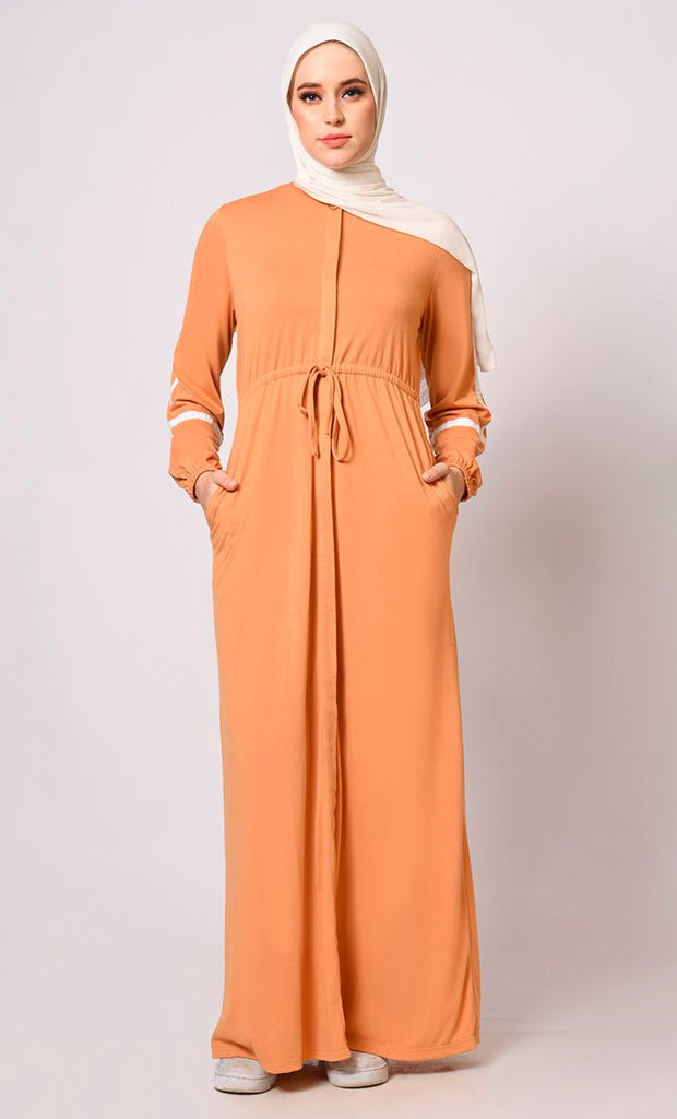Classic Honey Sand Abaya with Front Button Closure and Pockets - EastEssence.com