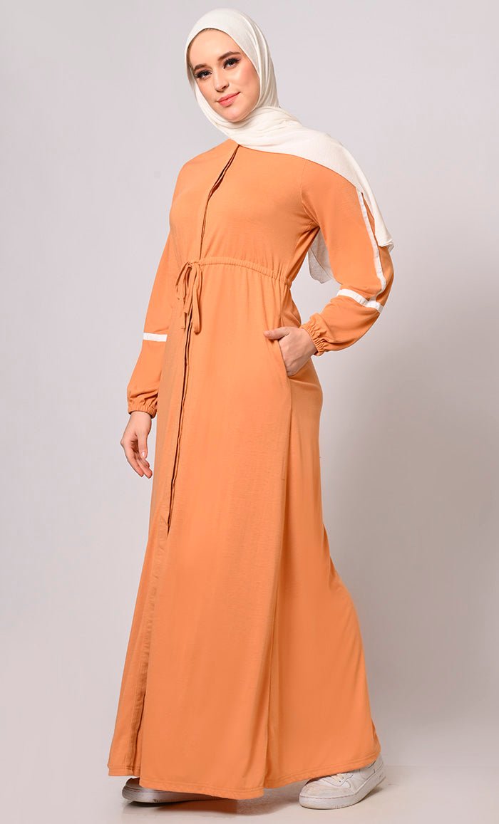 Classic Honey Sand Abaya with Front Button Closure and Pockets - EastEssence.com