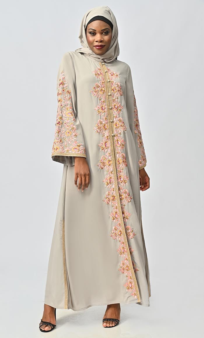 Classic Nida Floral Machine And Hand Embroidered Abaya - EastEssence.com