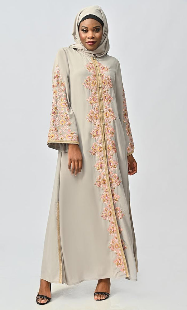 Classic Nida Floral Machine And Hand Embroidered Abaya - EastEssence.com