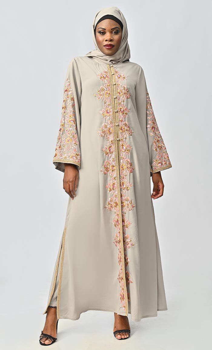Classic Nida Floral Machine And Hand Embroidered Abaya - EastEssence.com