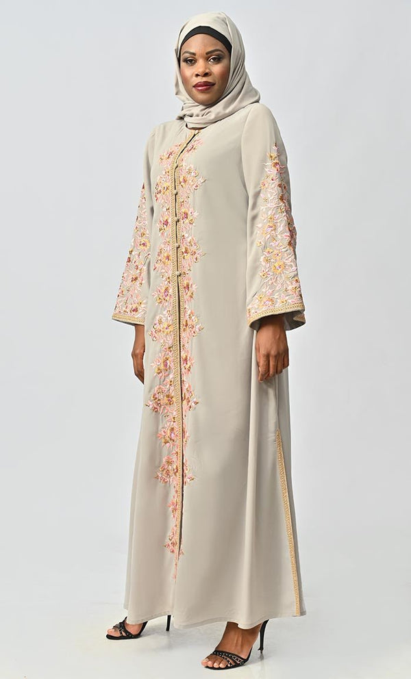 Classic Nida Floral Machine And Hand Embroidered Abaya - EastEssence.com