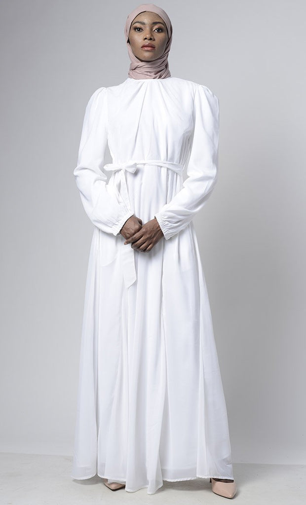 Classic White Puff Sleeve Everyday Abaya - EastEssence.com