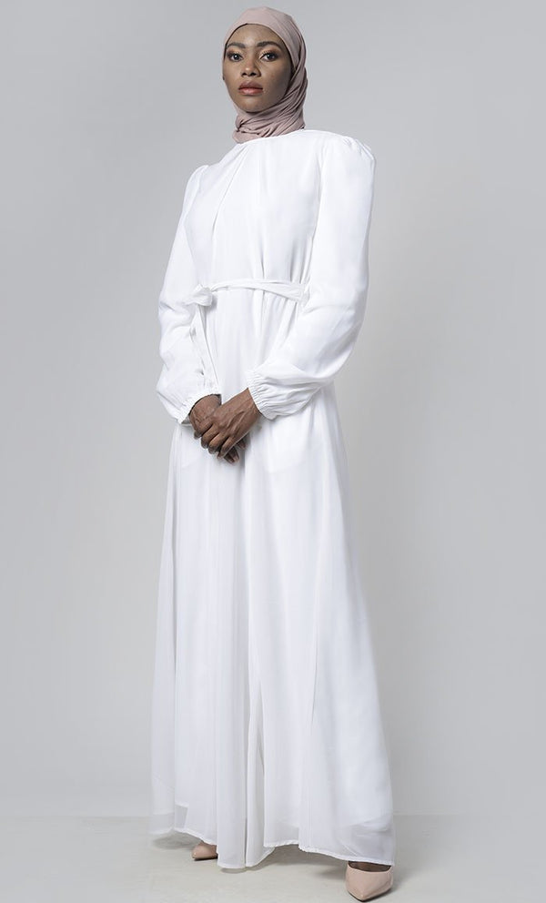 Classic White Puff Sleeve Everyday Abaya - EastEssence.com