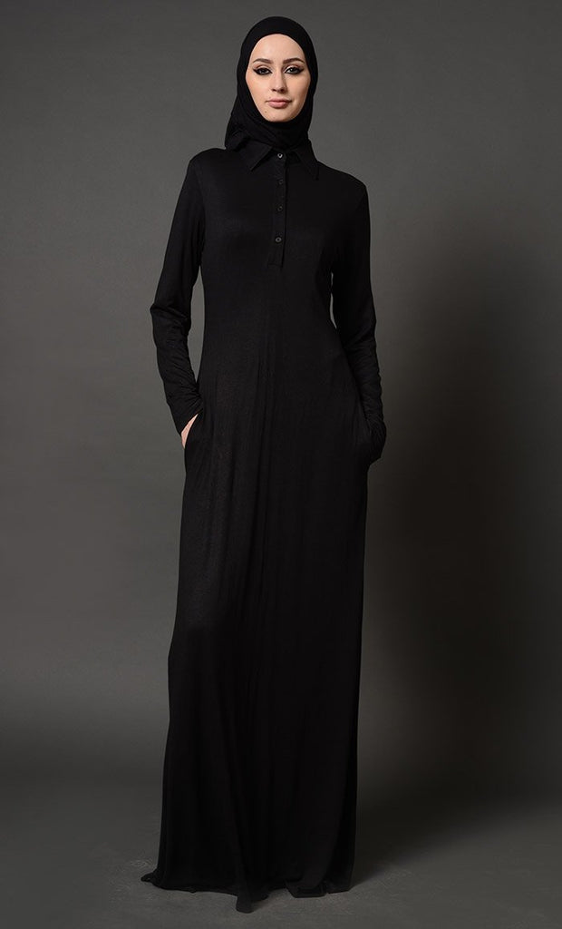 Collared Everyday Wear Basic Kids Abaya Dress - Black - EastEssence.com