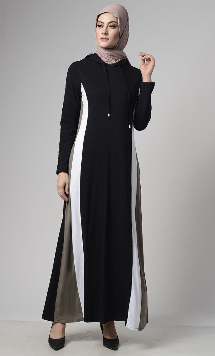 Abaya à capuche basique en jersey color block avec poches