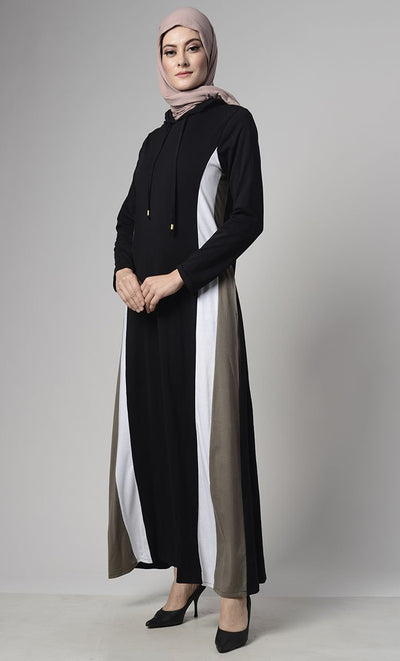 Color Block Basic Jersey Hooded Abaya With Pockets - EastEssence.com