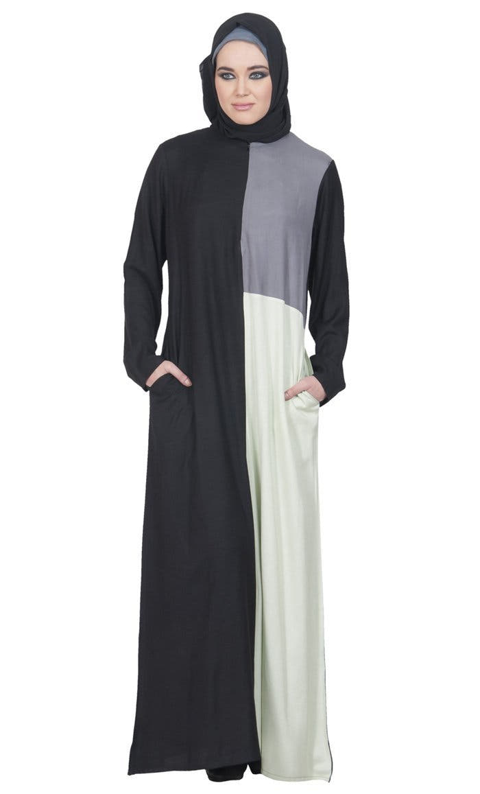 Abaya à blocs de couleurs gris et crème