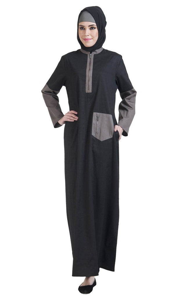 Color block metallic zipper detail abaya dress - EastEssence.com
