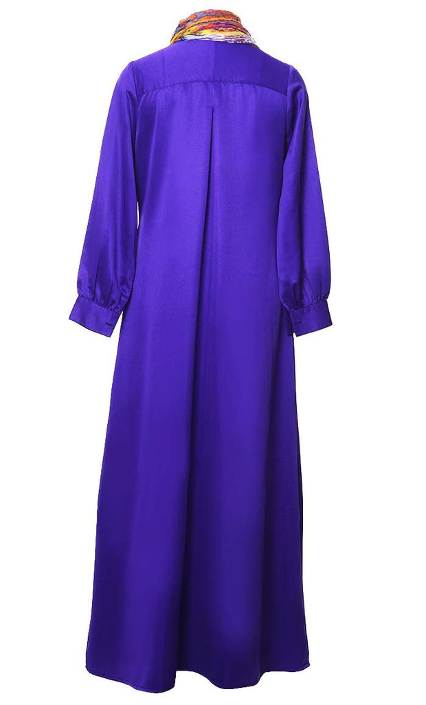 Comfort Royal Blue Satin Abaya With Printed Floral Chiffon Hijab With Pockets - EastEssence.com