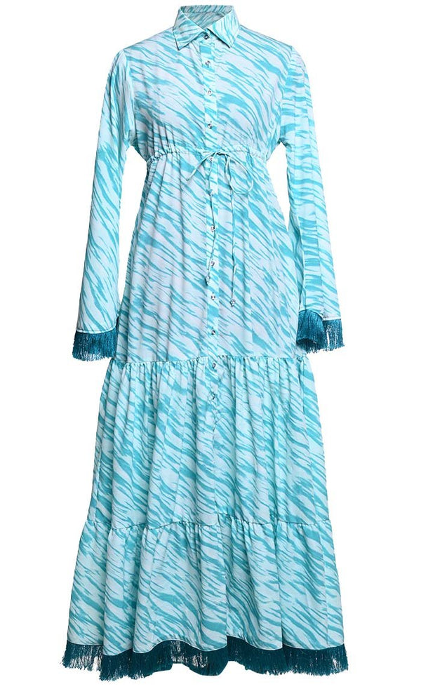 Comfortable Printed Button Down Abaya With Intricate Lace - EastEssence.com