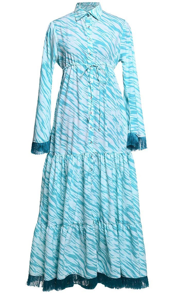 Comfortable Printed Button Down Abaya With Intricate Lace - EastEssence.com