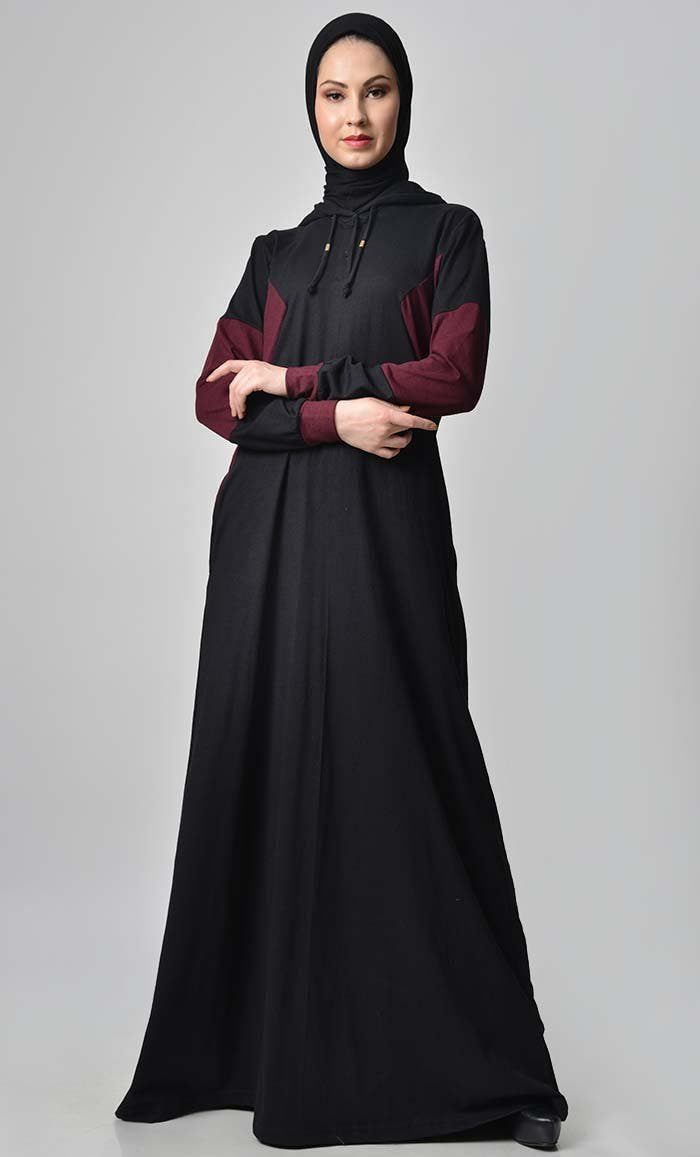 Color Contrast Jersey Abaya - Black