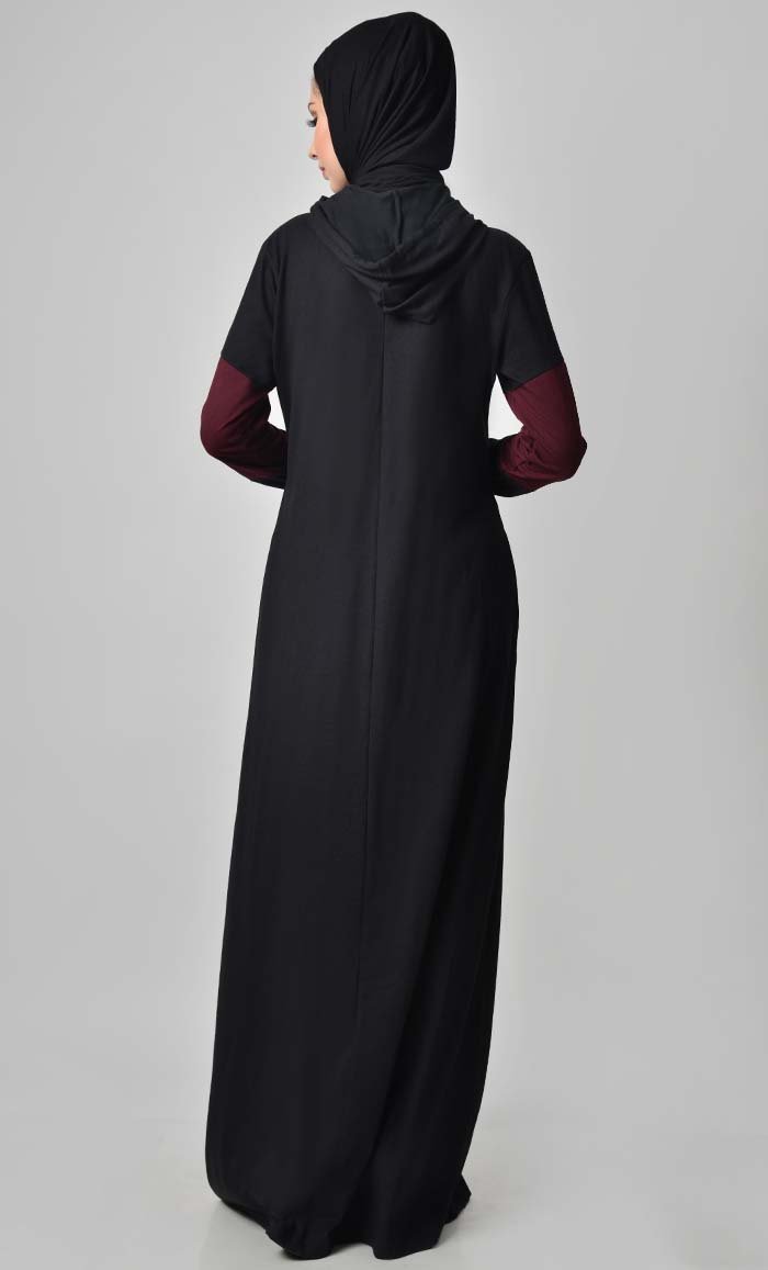 Comfy Color Contast Jersey Abaya Black