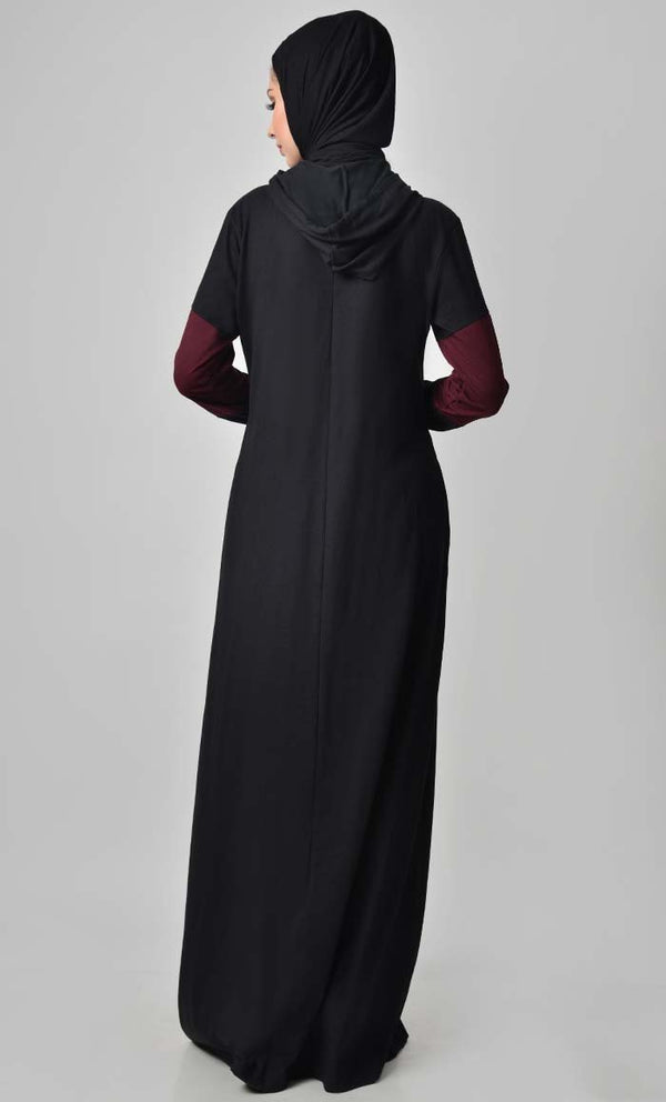Comfy Color Contast Jersey Abaya Black