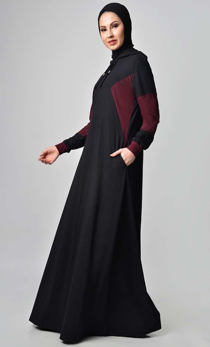 Comfy Color Contast Jersey Abaya Black