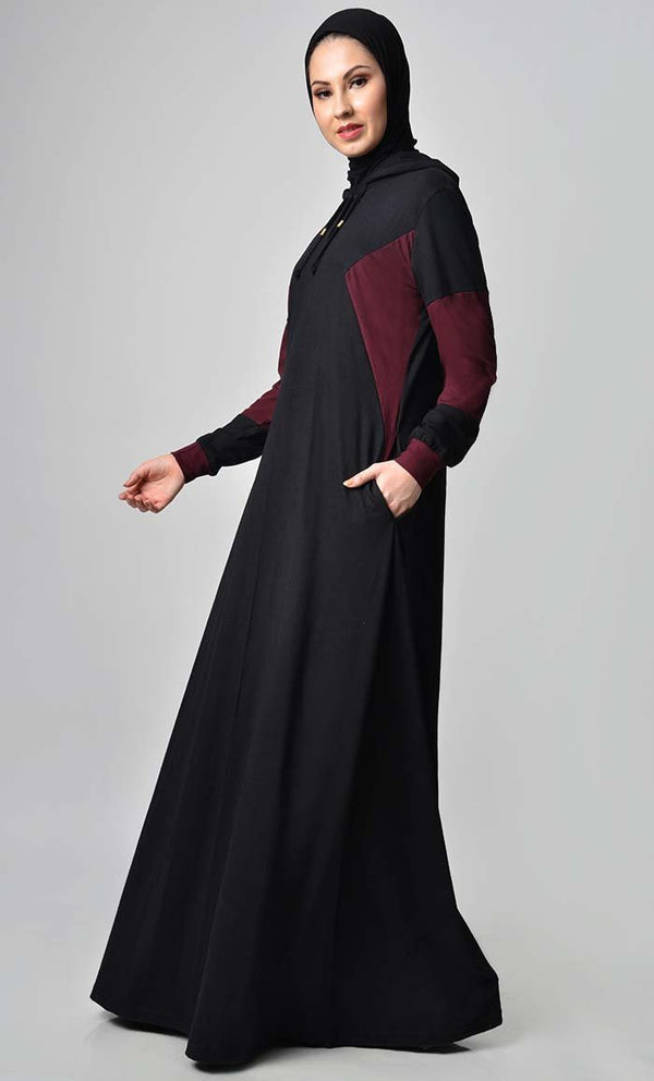 Comfy Color Contast Jersey Abaya Black