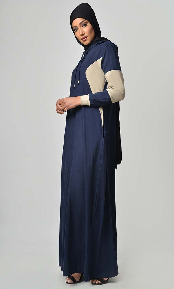 Comfy Color Contast Jersey Abaya - Navy - EastEssence.com