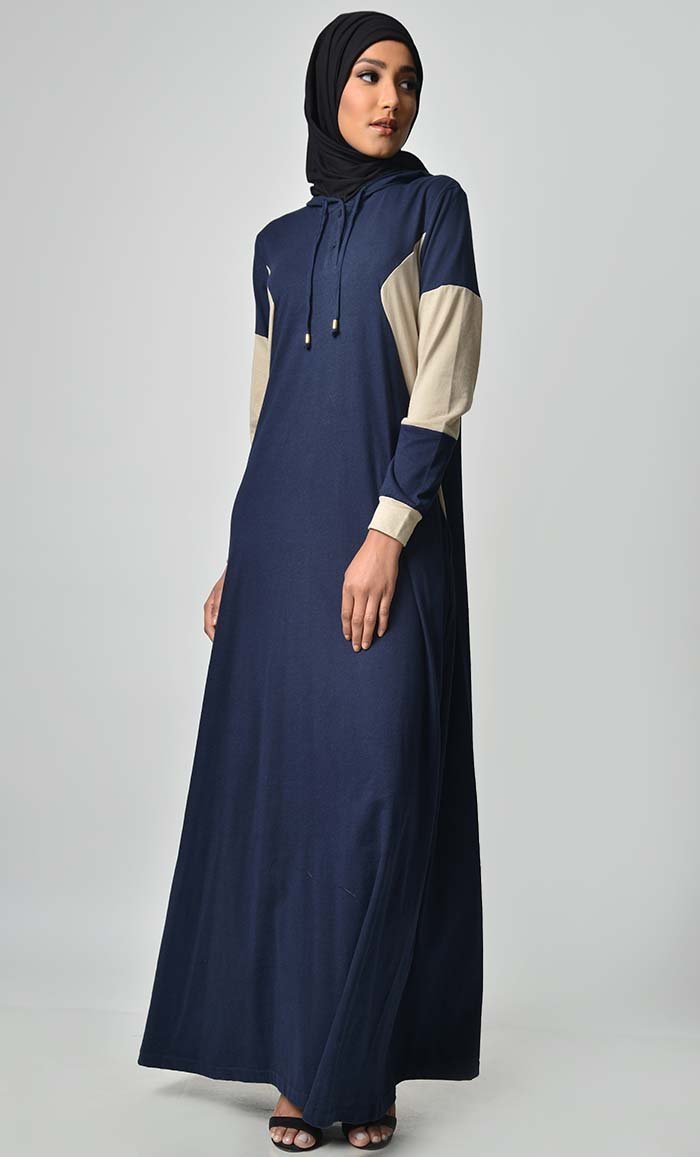 Comfy Color Contast Jersey Abaya - Navy - EastEssence.com