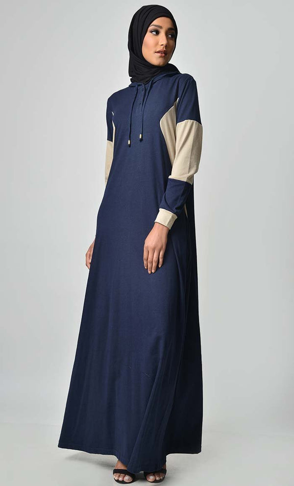 Comfy Color Contast Jersey Abaya - Navy - EastEssence.com