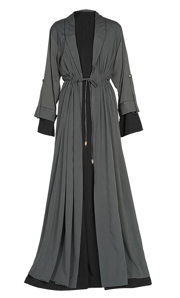 Comfy Everyday Wear Grey Contrasted Double Layer Bisht And Lined Abaya - EastEssence.com