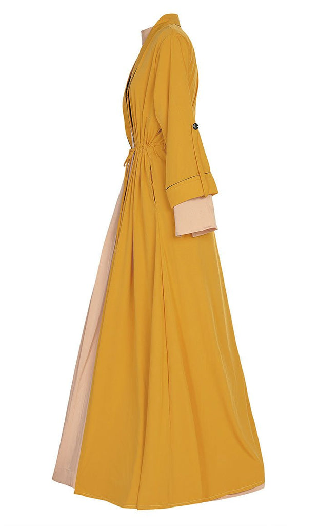 Comfy Everyday Wear Yellow Contrasted Double Layer Bisht And Lined Abaya - EastEssence.com