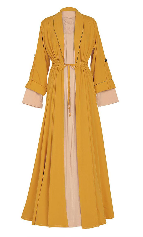 Comfy Everyday Wear Yellow Contrasted Double Layer Bisht