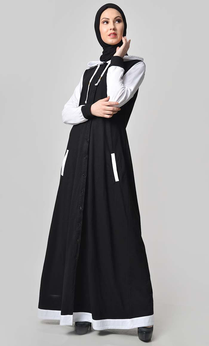 Hooded Front Open Jersey Abaya - Black