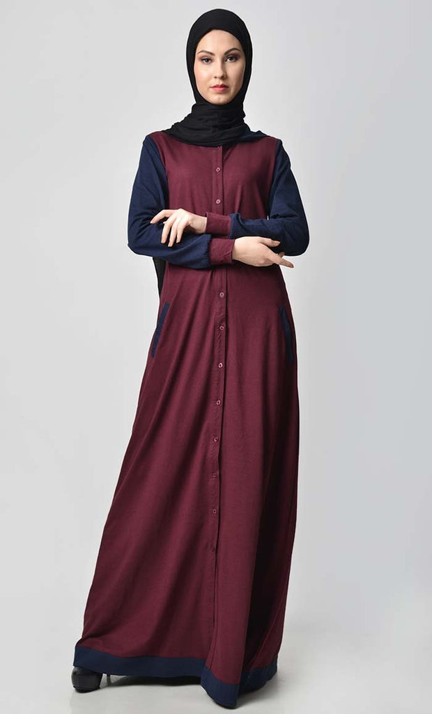 Comfy Hooded Front Open Jersey Abaya - Maroon - EastEssence.com